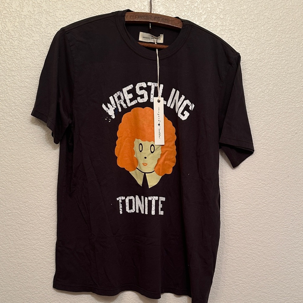 imogene + willie Black T-Shirt with Orange Graphic "Wrestling Tonite"